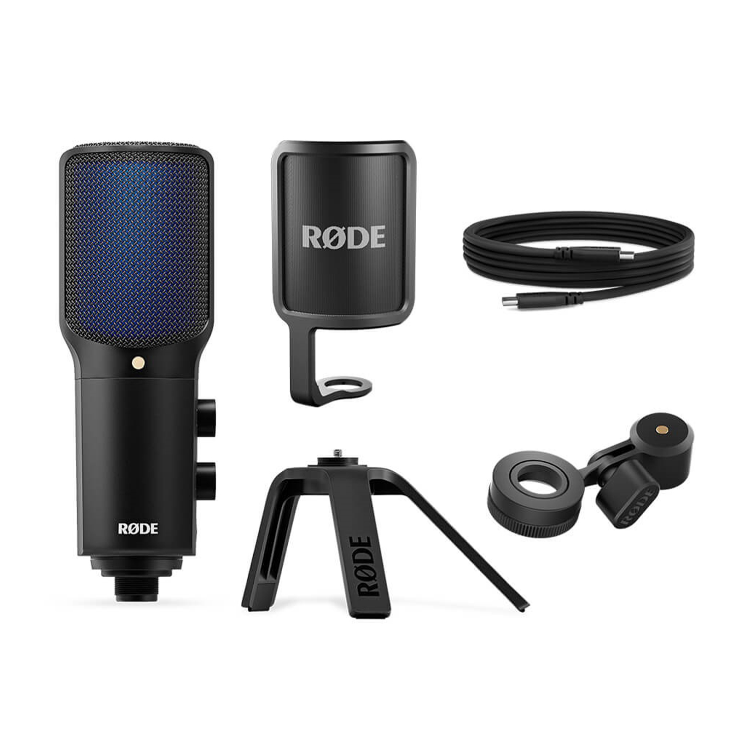 Microfono nero con accessori: supporto, antiurto, cavo. Rete blu sul microfono.