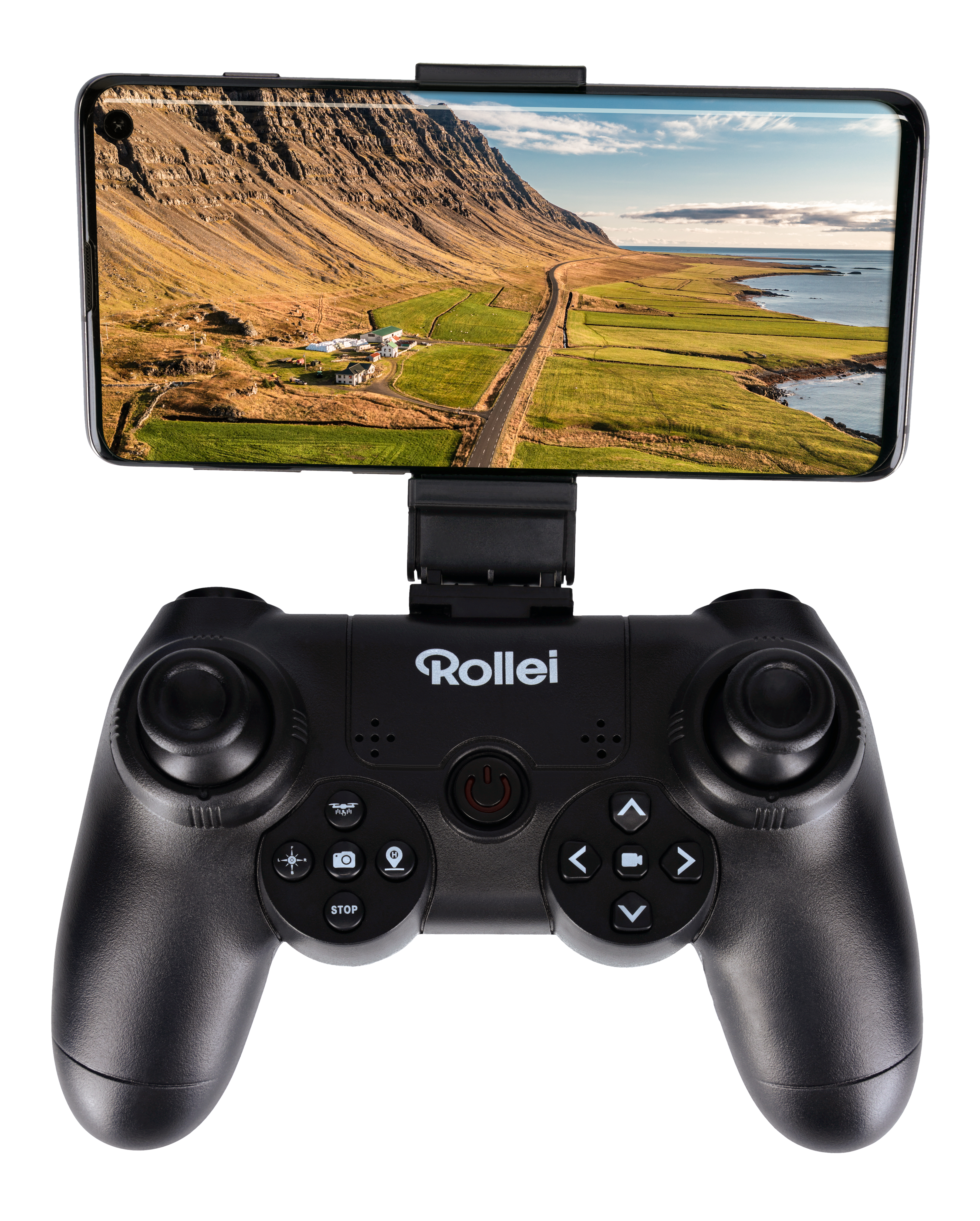 Eine schwarze Drohnensteuerung mit einem angeschlossenen Telefon, das eine Landschaftsszene zeigt.