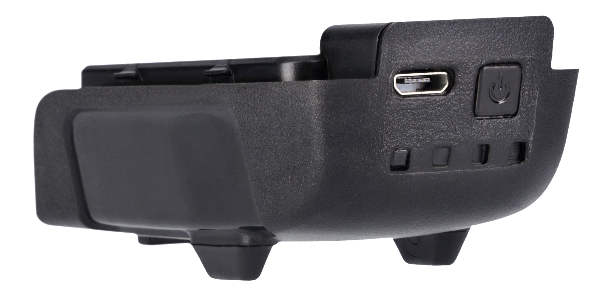 Schwarze Ladestation mit USB-Anschluss und Einschaltknopf. Weißer Hintergrund.