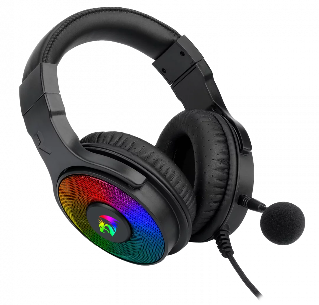 Redragon gaming fejhallgató. Van egy mikrofonja, és egy színes RGB-fény a fülkagylón.