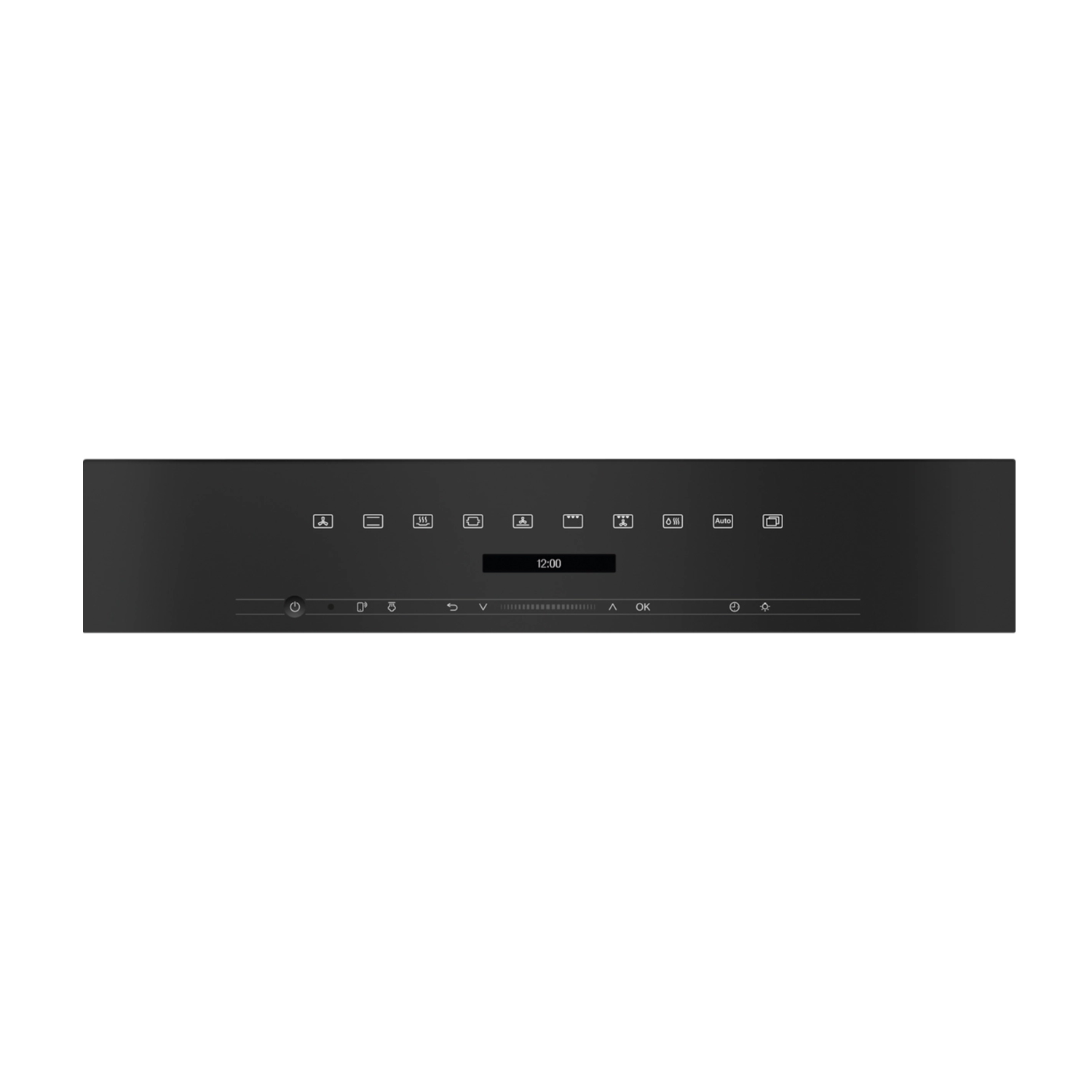 Pannello di controllo del forno nero integrato con icone e display che mostra le 12:00.