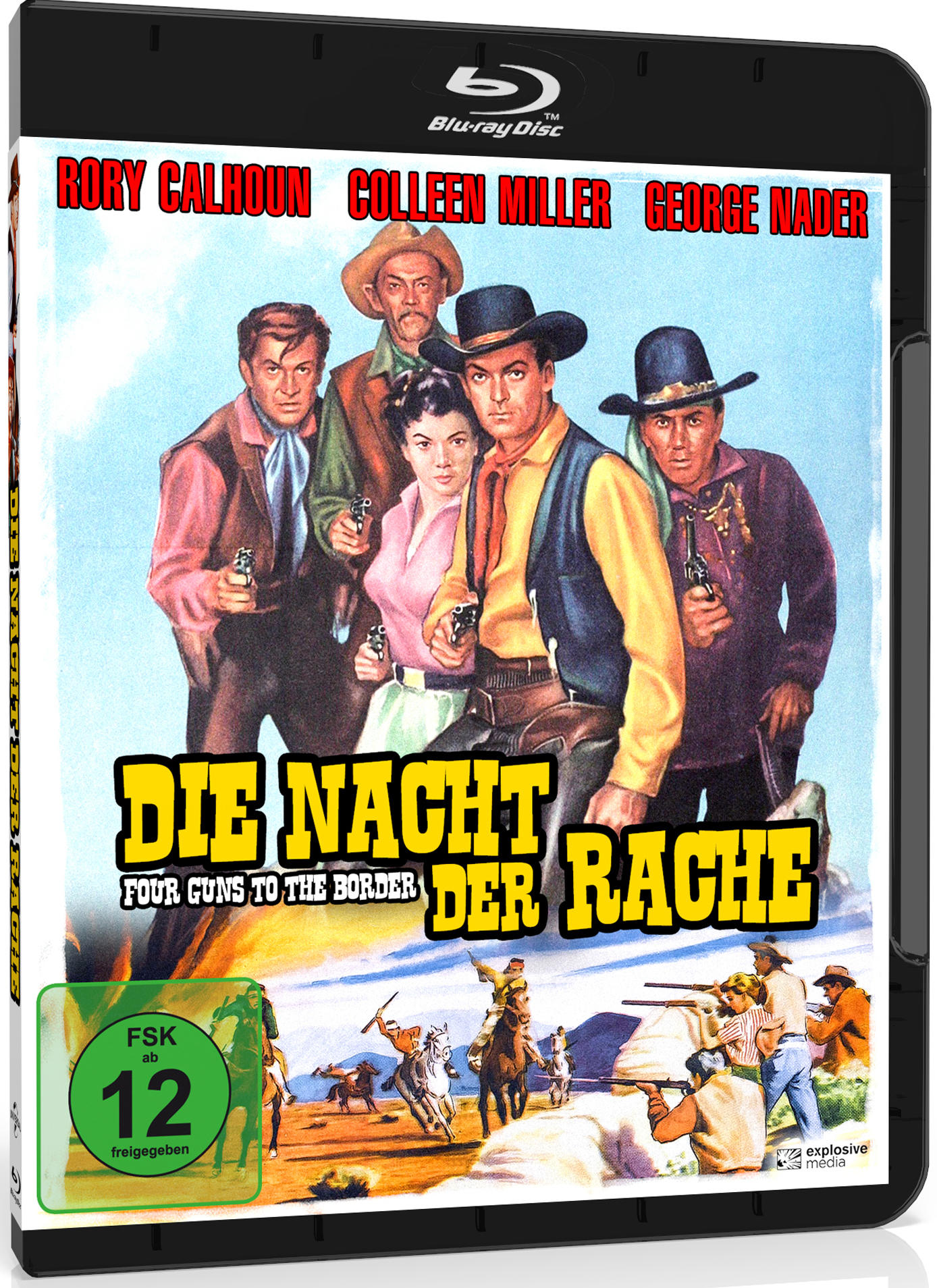 DVD-Hülle mit Filmplakat mit Cowboys und einer Frau mit Waffen.