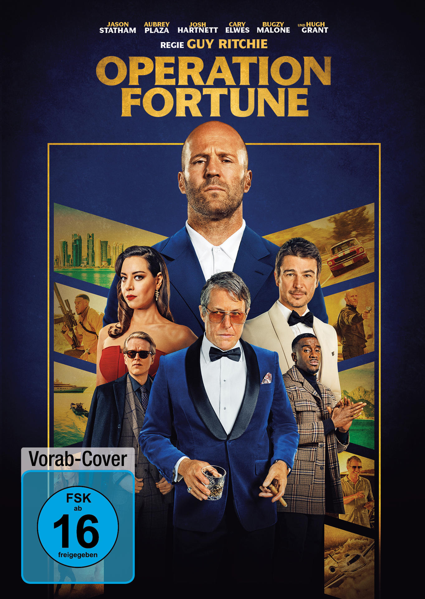 Filmposter. Jason Statham, Aubrey Plaza und andere sind zu sehen. Text: Operation Fortune.