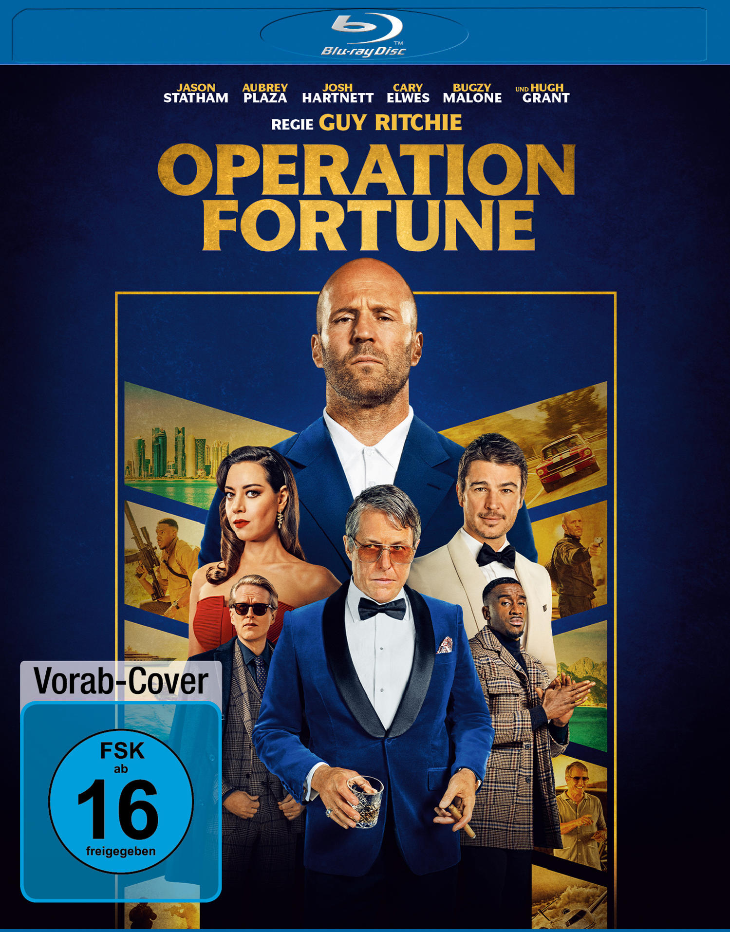 Filmcover mit Jason Statham und anderen Schauspielern. Der Titel lautet 'Operation Fortune'. Dunkelblauer Hintergrund.