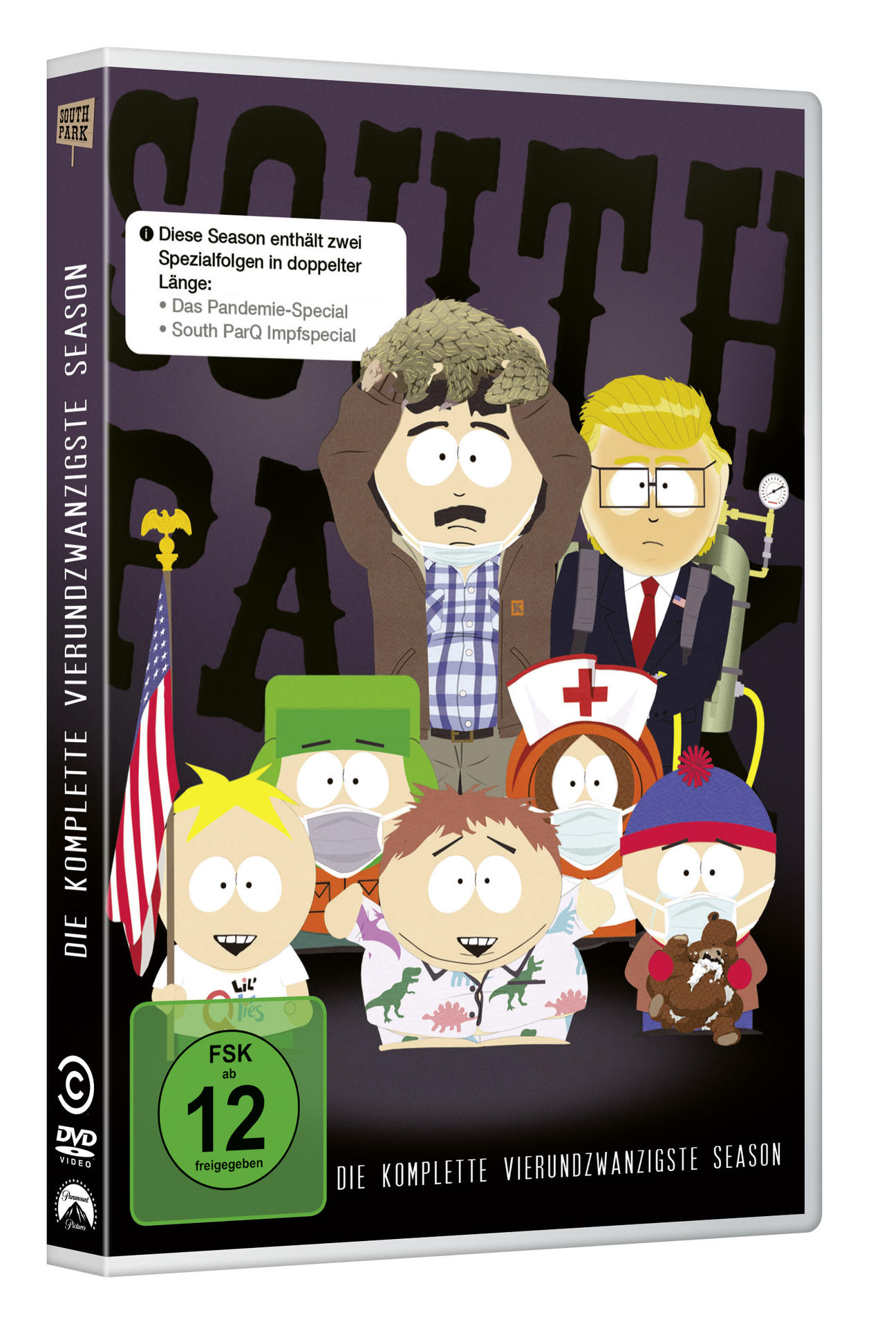 South Park DVD-Hülle mit Zeichentrickfiguren, verschiedenen Designs und Text, grüner Hintergrund.