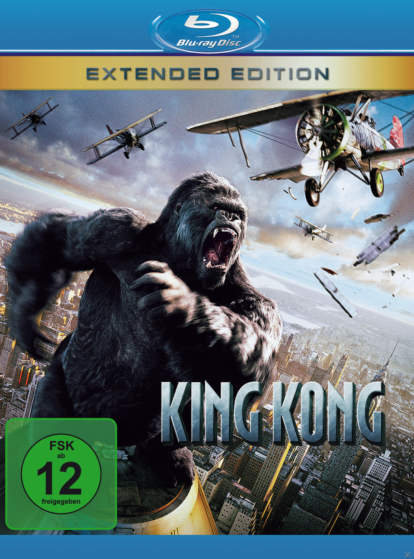 King Kong Blu-ray Cover mit einem riesigen Affen und angreifenden Flugzeugen, Stadtlandschaft.