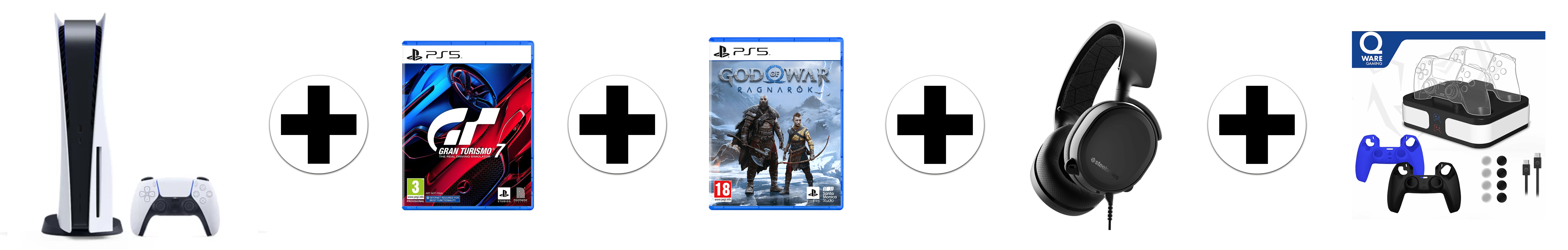 SONY PlayStation 5 Disk Edition + Gran Turismo 7 + God of War: Ragnarok + Arctis 3 headset (zwart) + Qware Dual Charging bundel