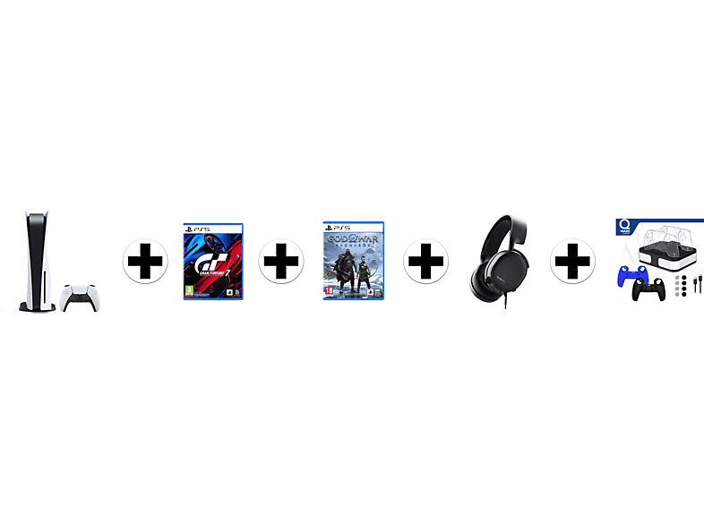 Sony Playstation 5 Disk Edition + Gran Turismo 7 God Of War: Ragnarok Arctis 3 Headset (zwart) Qware Dual Charging Bundel