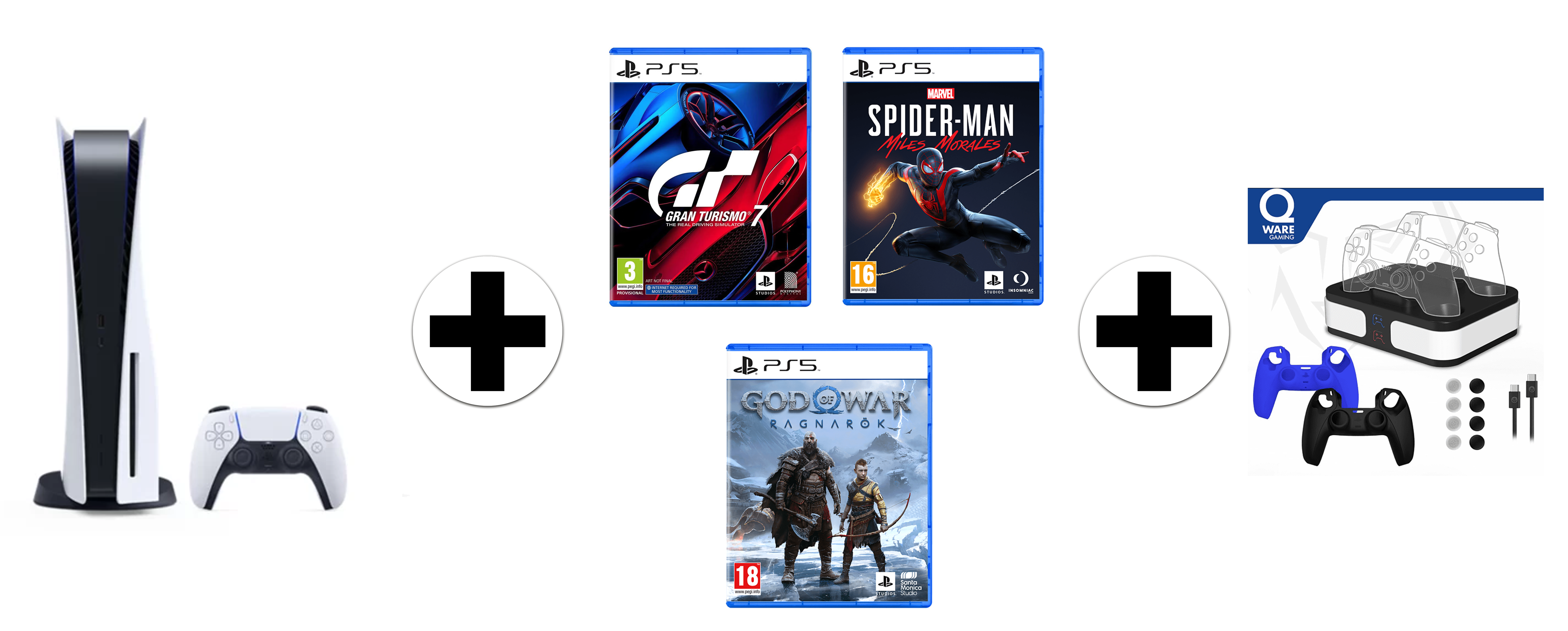SONY PlayStation 5 Disk Edition + Gran Turismo 7 + God of War: Ragnarok + Spider-Man: Miles Morales + Qware Dual Charging bundel