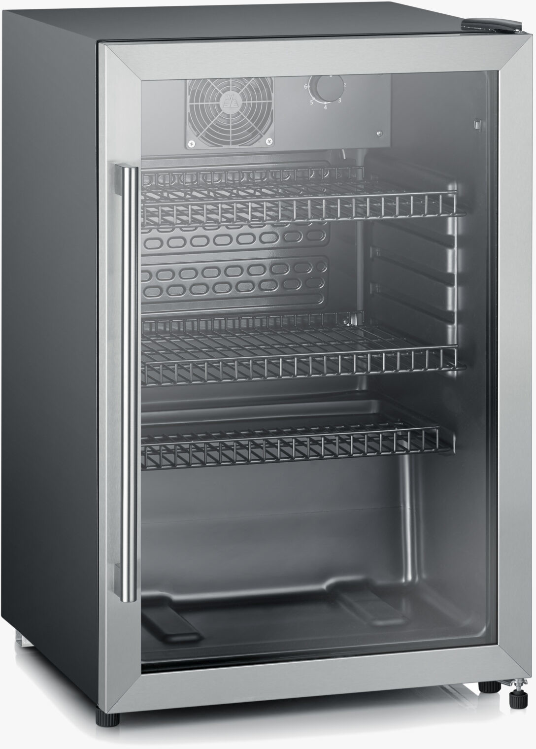 Mini-réfrigérateur en acier inoxydable avec porte vitrée, étagères et ventilateur.