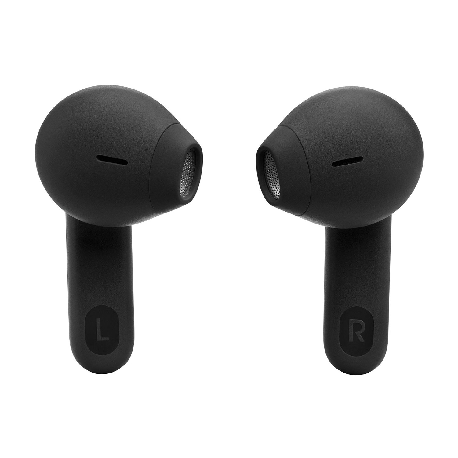 Auricolari wireless neri, con indicazioni 'L' e 'R'.