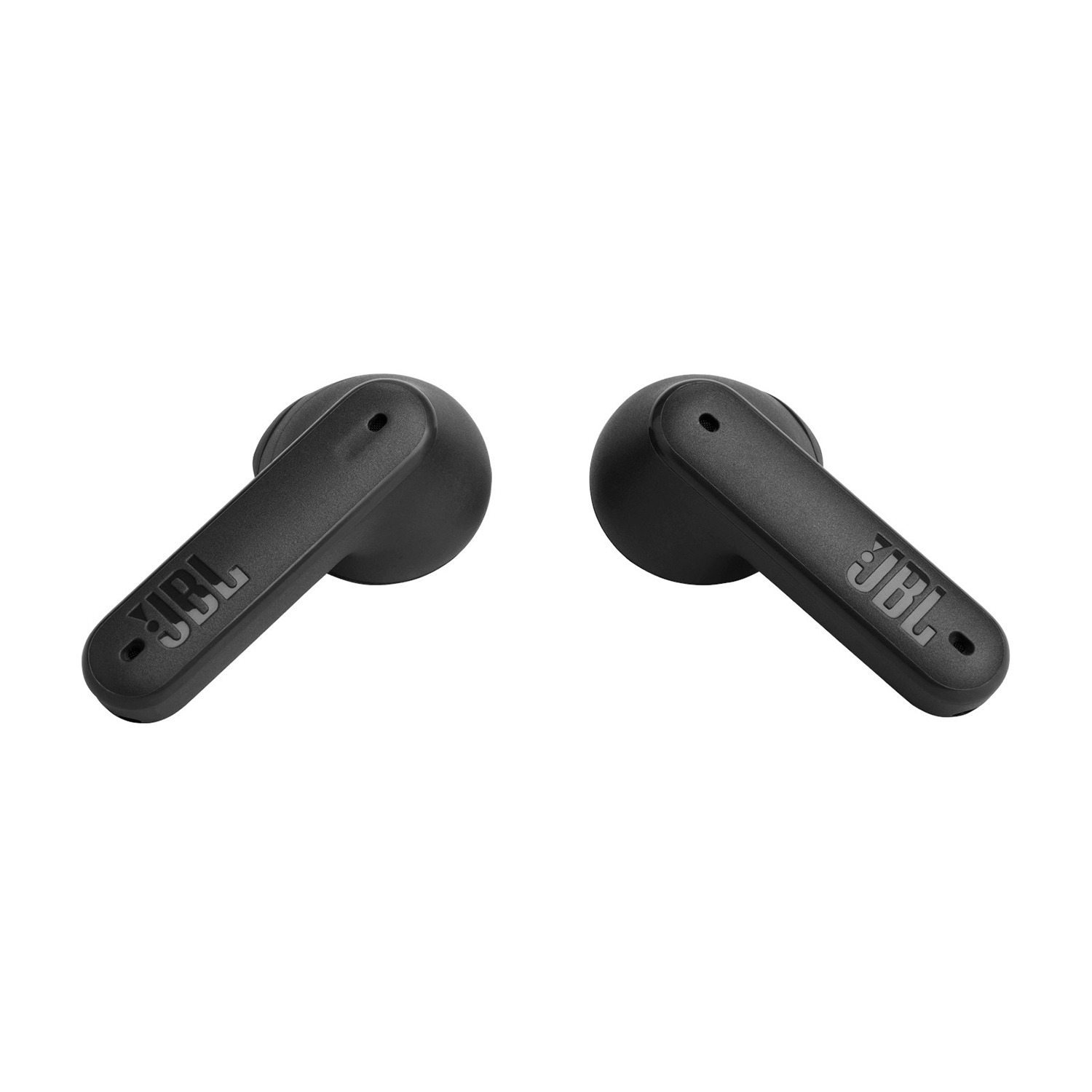 Auricolari JBL neri. Logo JBL su ogni auricolare. Stelo angolato.