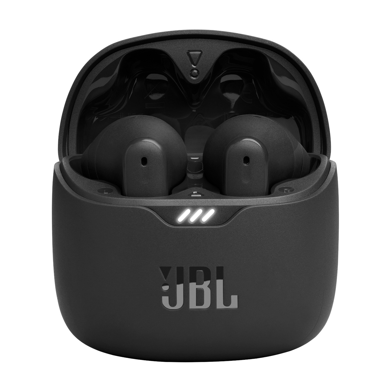 Auricolari JBL neri nella loro custodia di ricarica, aperta. Custodia con indicatori luminosi bianchi.