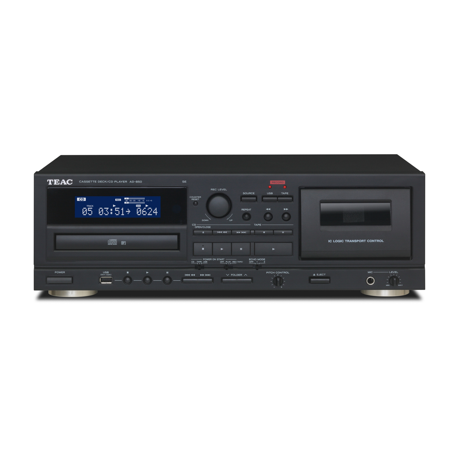 Un lettore di cassette/CD TEAC nero con display digitale e pulsanti di controllo.