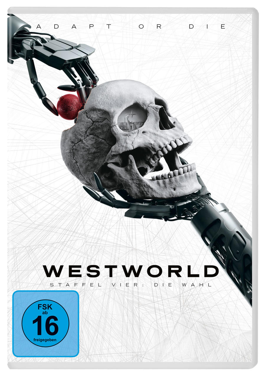 Westworld DVD-Cover: Roboterarm hält Schädel, weißer Hintergrund.