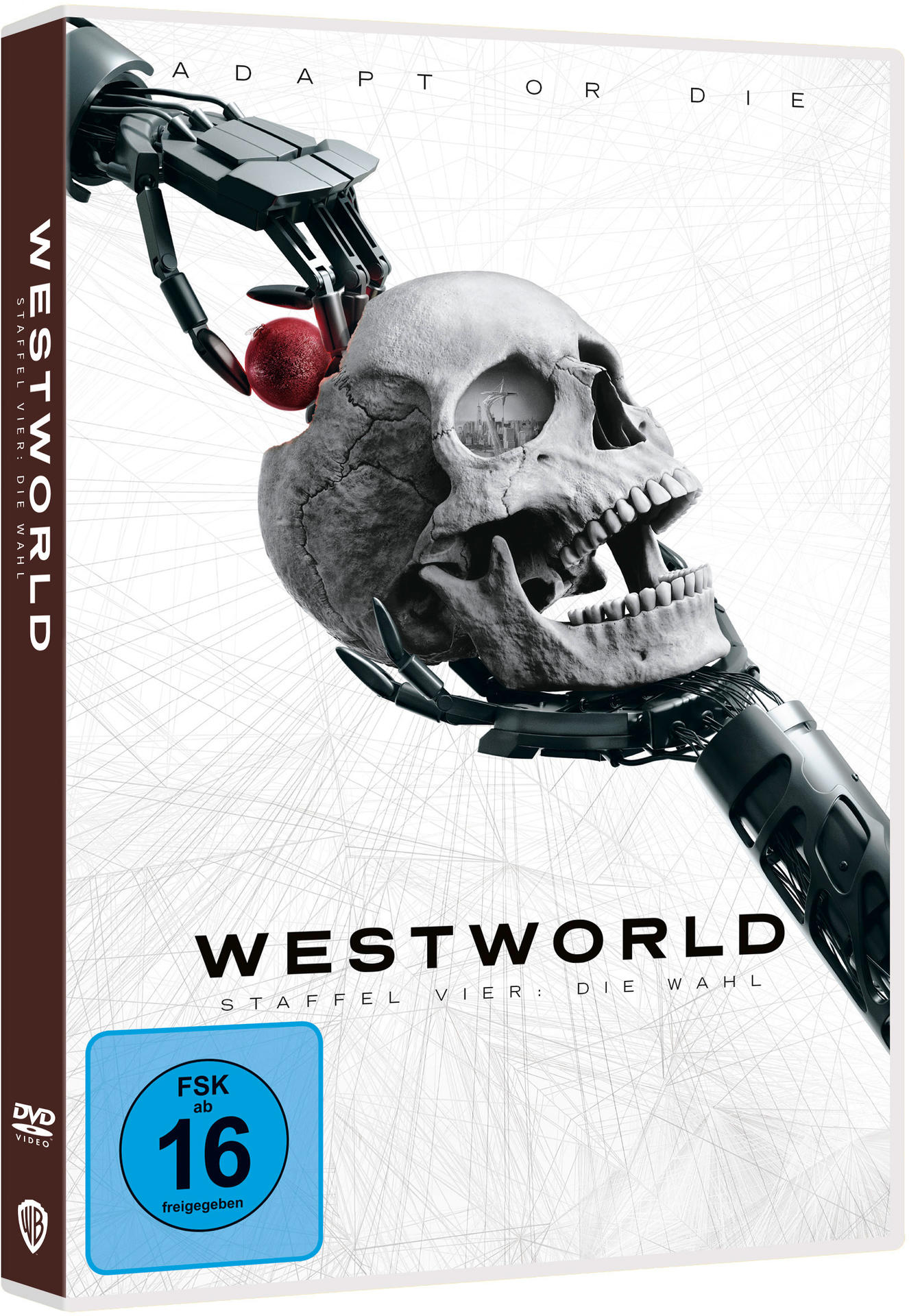 DVD-Cover, Westworld, mit Totenkopf und Roboterhänden. Dunkler Hintergrund. WB-Logo.