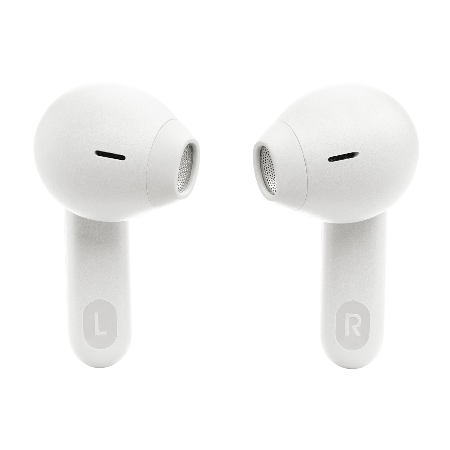Auricolari wireless bianchi, indicatori sinistro e destro visibili.