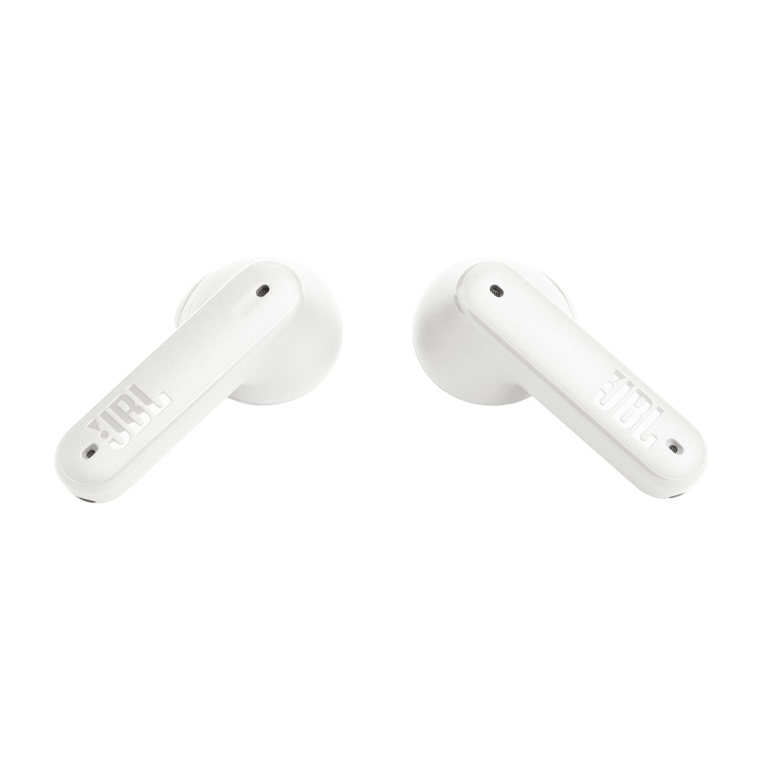 Auricolari JBL bianchi con steli lunghi. Logo JBL visibile.
