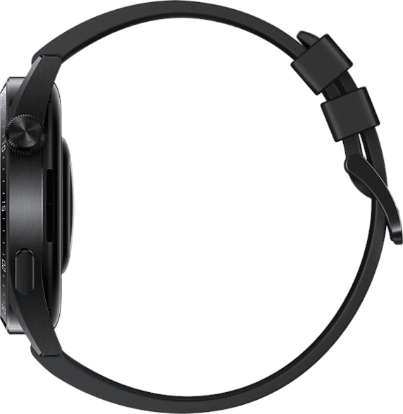 Zwarte smartwatch. Zij-aanzicht. Zwarte band. Ronde wijzerplaat. Gesp zichtbaar.
