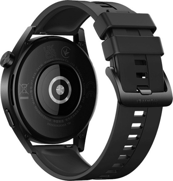 Een zwarte smartwatch, achteraanzicht, toont de sensor en het Huawei-logo op de band.