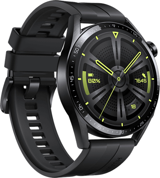 Zwarte smartwatch met ronde wijzerplaat, toont batterij en tijd. Zwarte band.