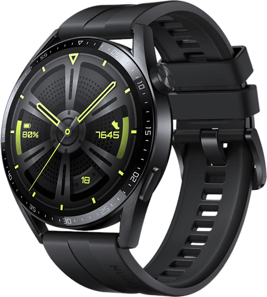 Zwarte smartwatch met een zwarte band. Het scherm toont een wijzerplaat en batterijniveau.