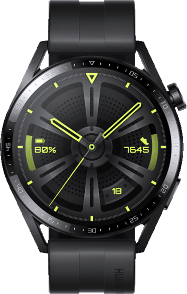 Zwarte smartwatch met donker display. Toont tijd, stappen, batterijpercentage en een harticoon.