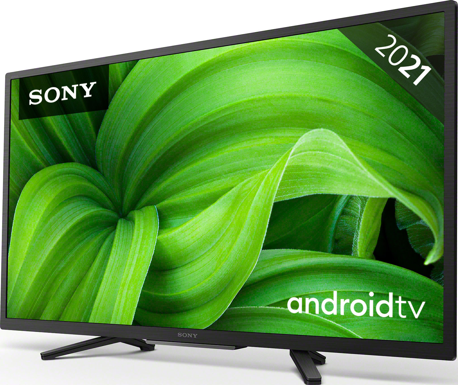 Una TV Android Sony nera con sfondo di foglie verdi, angolata verso lo spettatore.