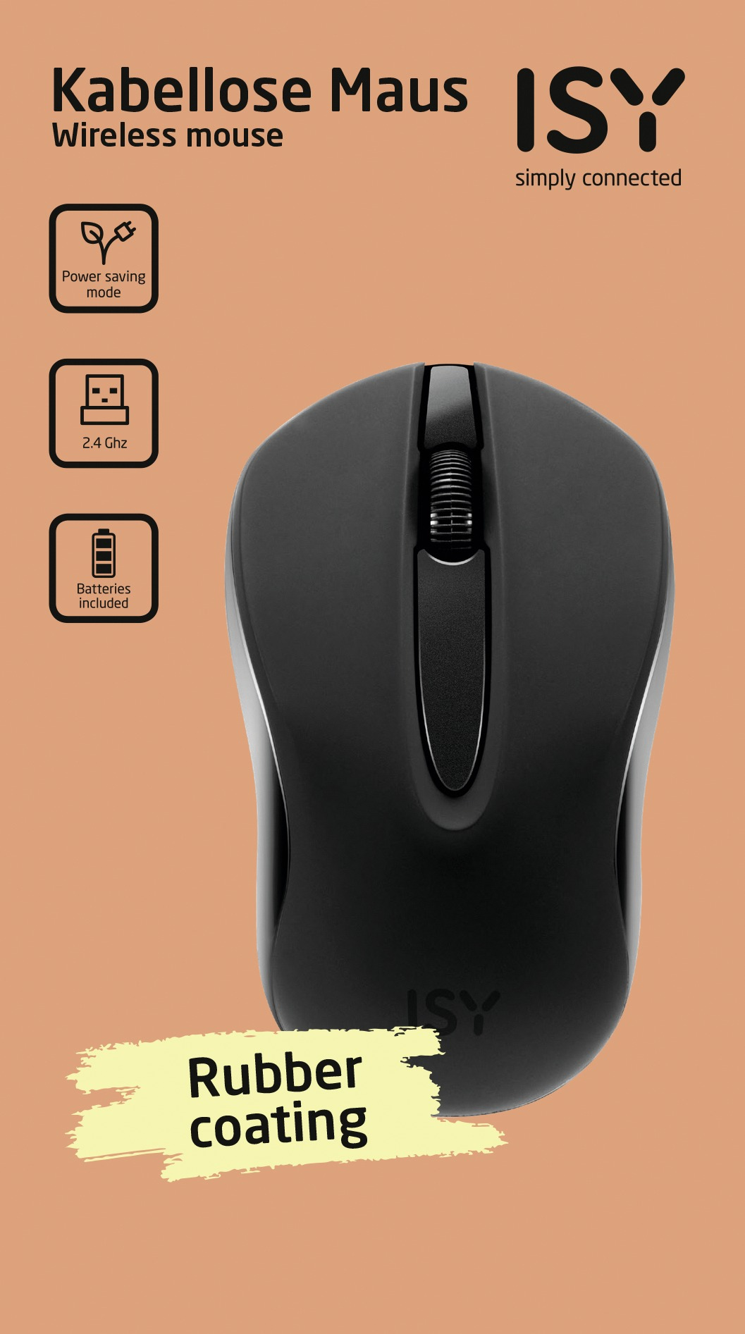 Eine schwarze kabellose Maus mit Tasten und einem Scrollrad auf pfirsichfarbenem Hintergrund mit Text.