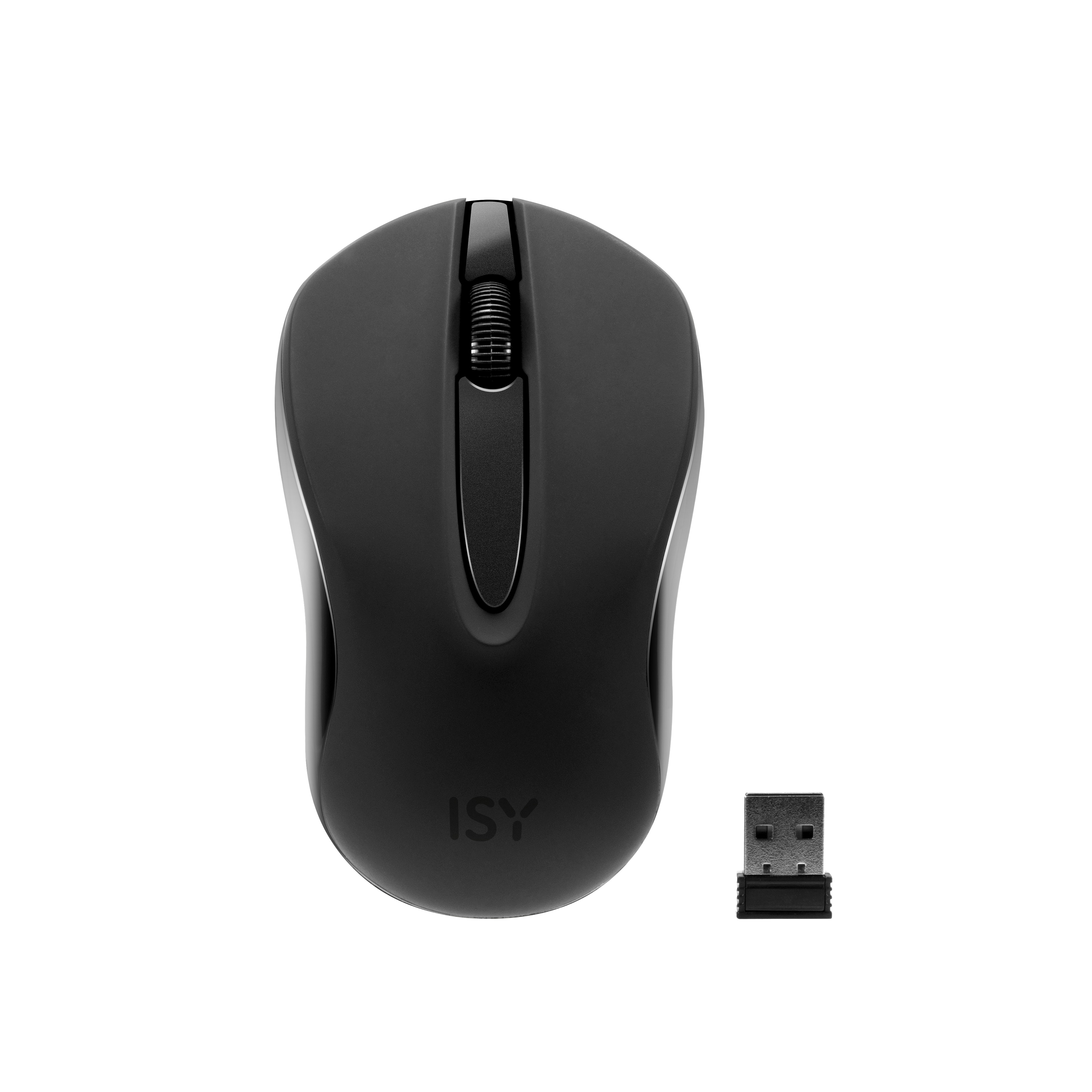 Schwarze kabellose Maus mit Scrollrad und USB-Empfänger. ISY-Logo sichtbar.