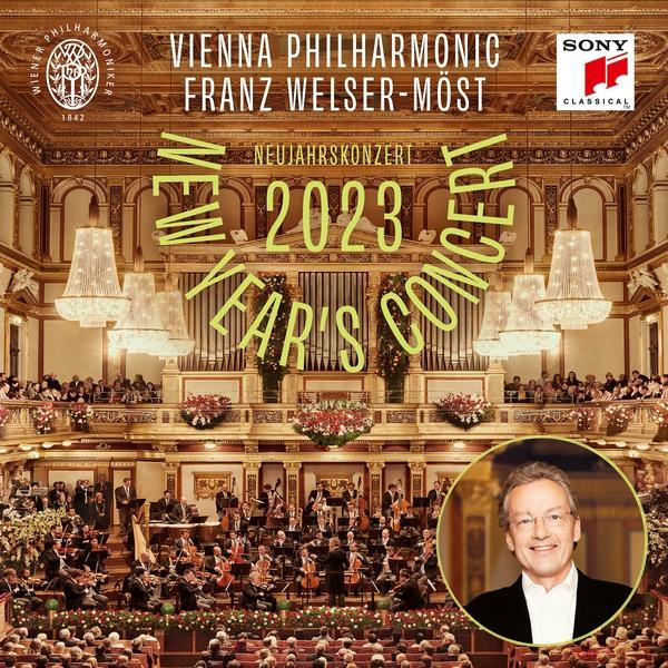 Image de salle de concert avec orchestre, chef d'orchestre et public. Pochette d'album avec texte.