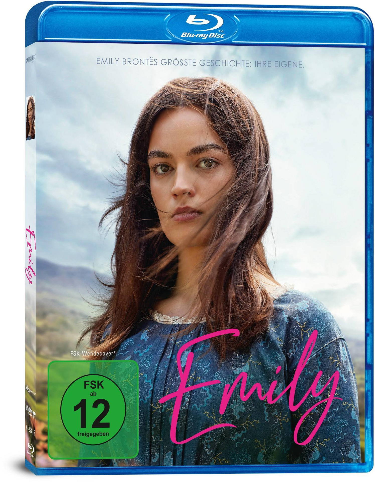 Filmhülle von 'Emily' mit einem Frauengesicht auf dem Cover. Rosa Titel vorne.