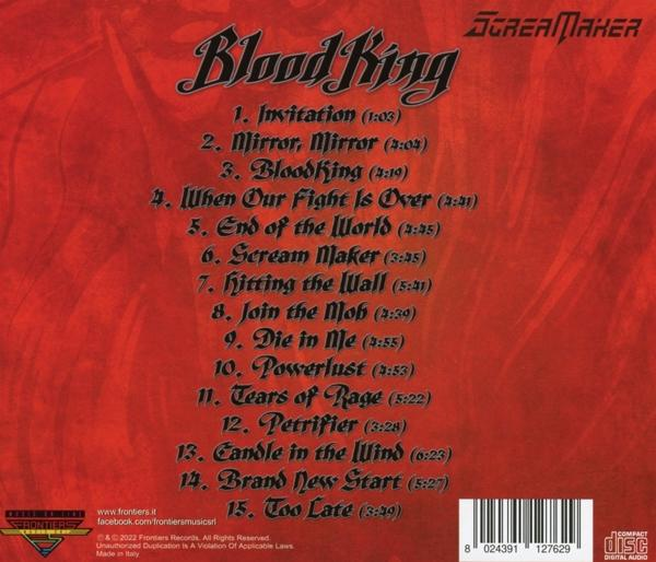 CD-Rückseite mit Bandnamen "Blood King", Trackliste und Label-Logos auf rotem Hintergrund.