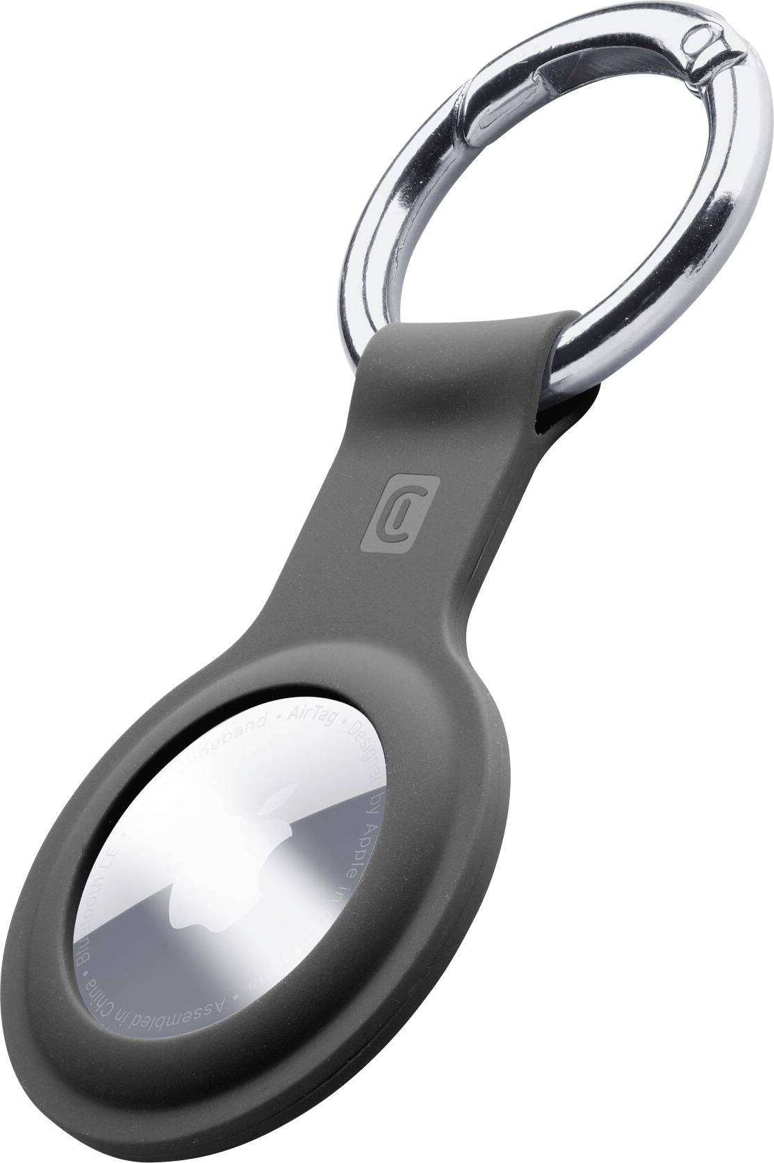 Un soporte gris oscuro para Apple AirTag con un anillo plateado. Está sobre un fondo blanco.