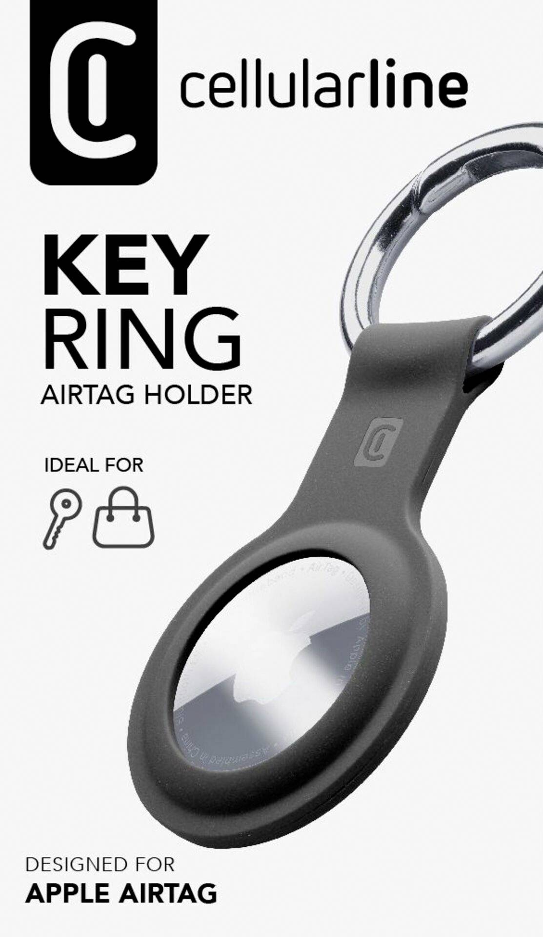 Llavero con un soporte para AirTag. Soporte negro con anillo plateado y texto: KEY RING.
