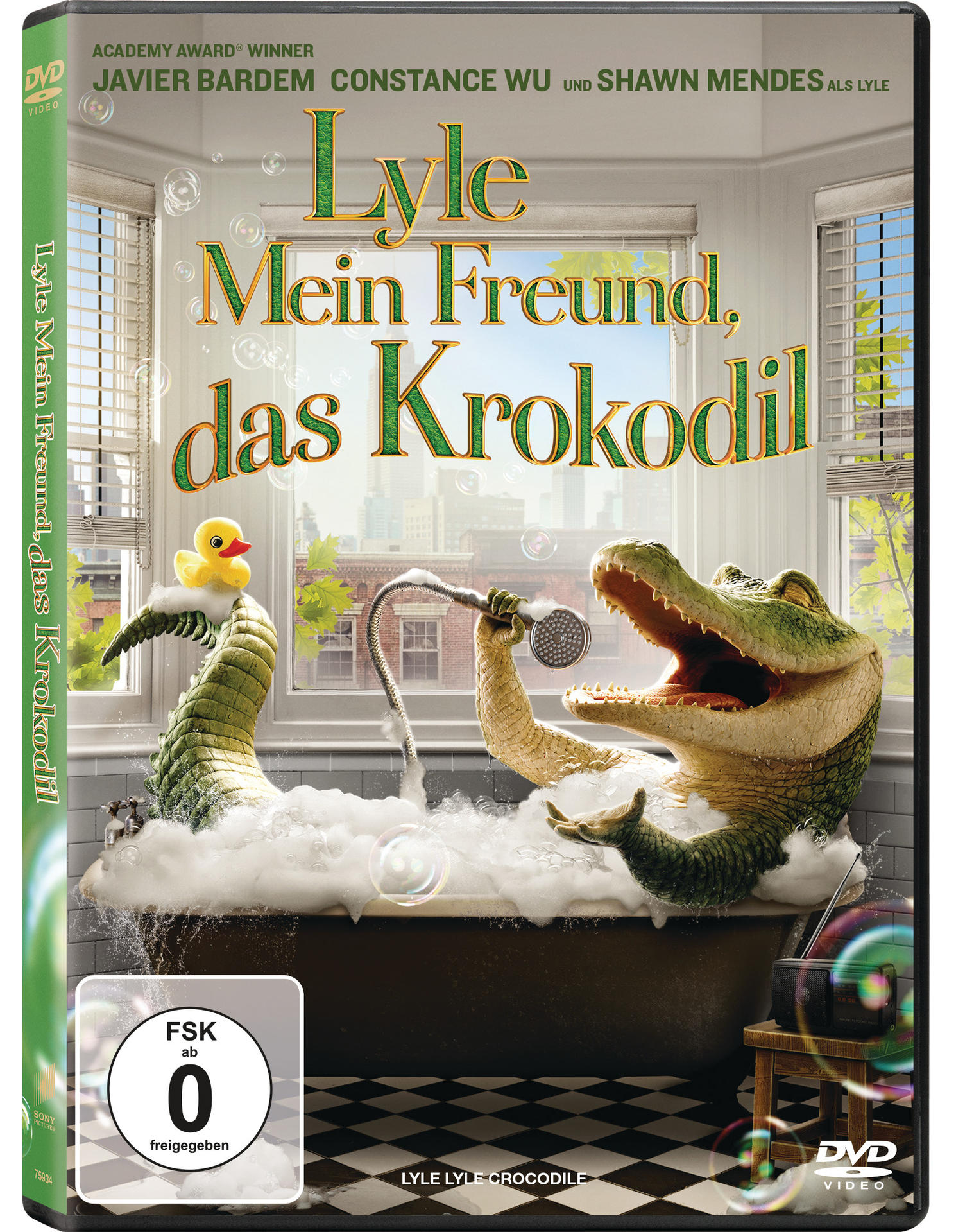 Eine DVD-Hülle mit einer Illustration eines Krokodils in einer Badewanne.