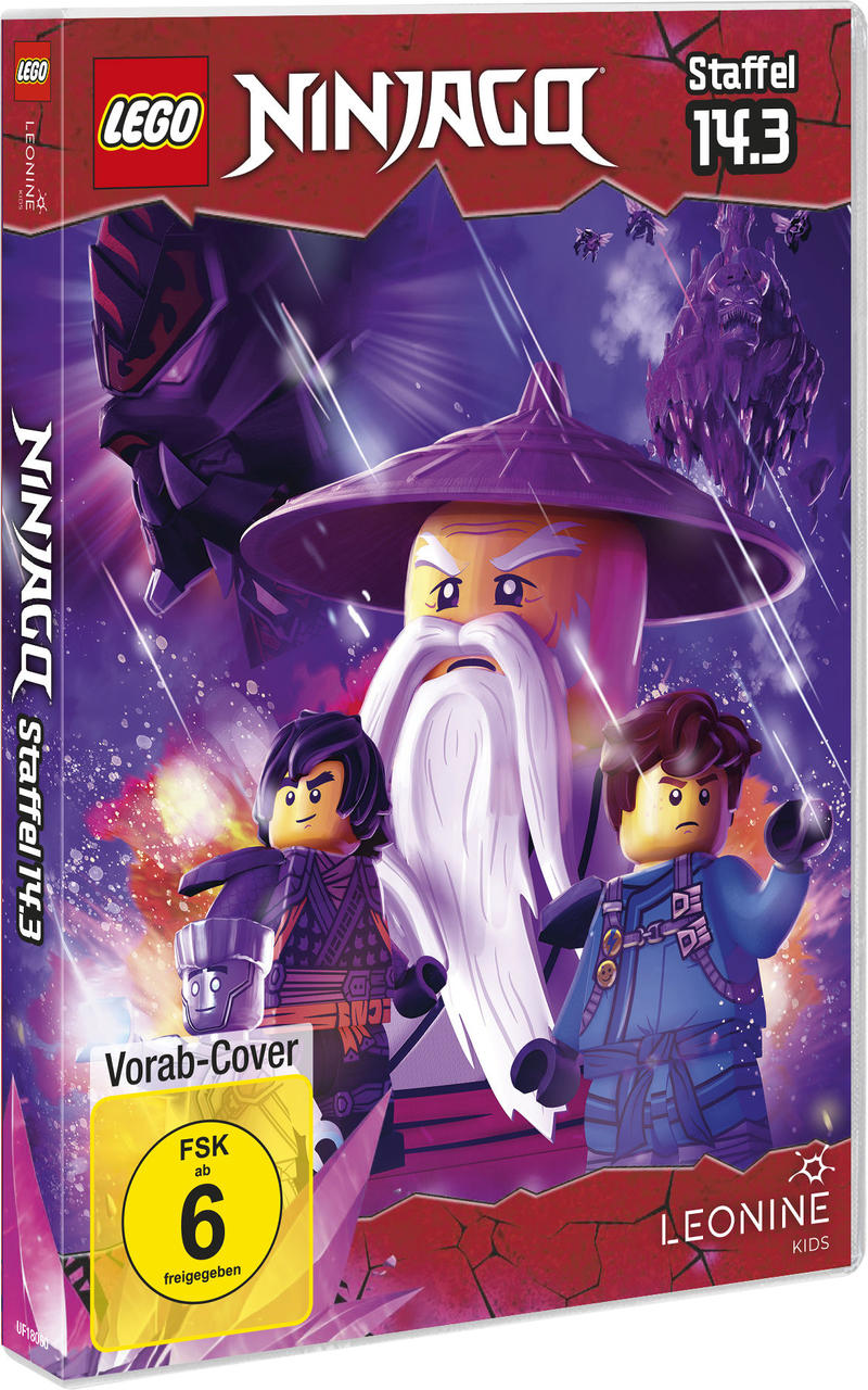 DVD-Cover von Lego Ninjago. Es zeigt drei Lego-Figuren und einen lila und roten Hintergrund.