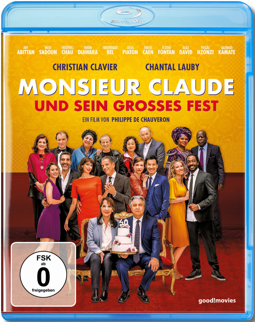 Filmcover mit Personengruppe, Mann mit Kuchen. Blaues Cover mit FSK 0-Aufkleber.