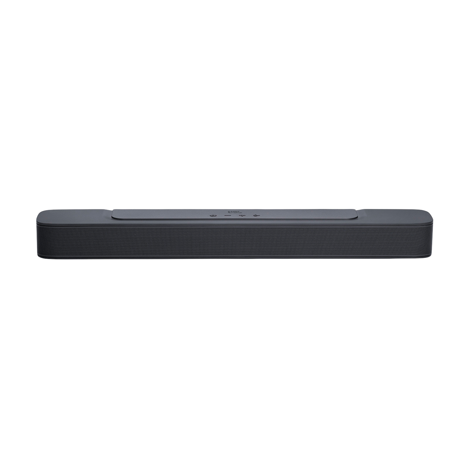 Una soundbar nera con pulsanti, un logo e una parte superiore piatta. È su uno sfondo bianco.
