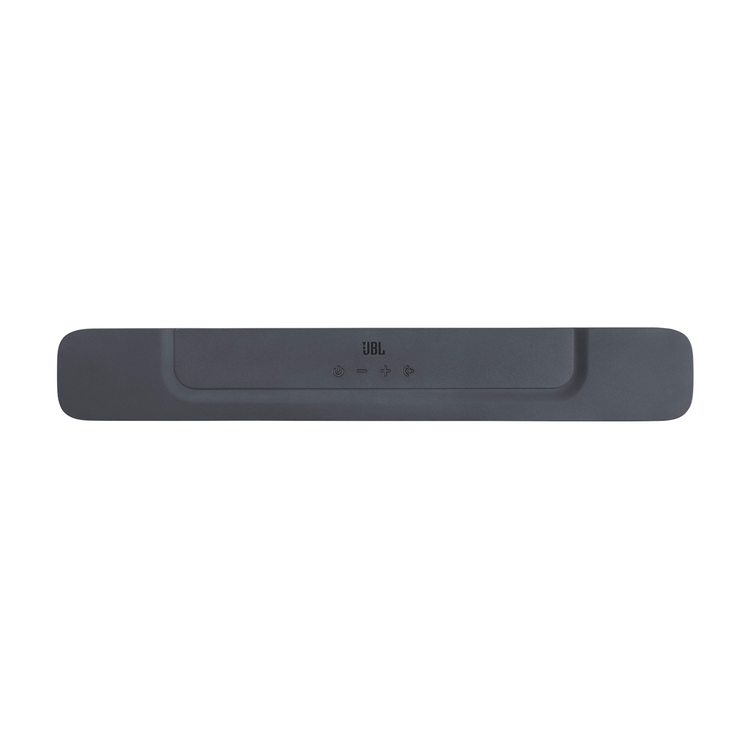 Vista dall'alto di una soundbar grigia con logo JBL e pulsanti di controllo.