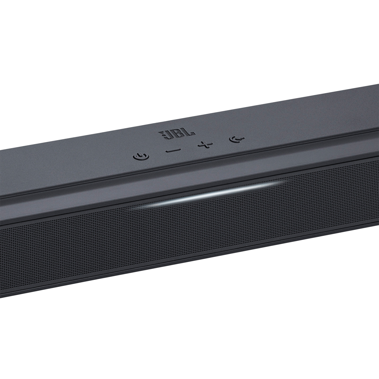 Una soundbar JBL nera con pulsanti di accensione e volume e una luce bianca.