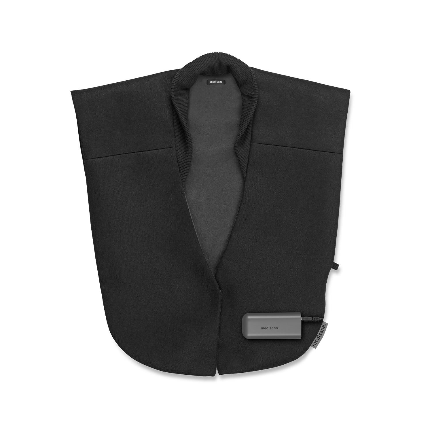 Eine schwarze beheizte Weste mit einer Powerbank.