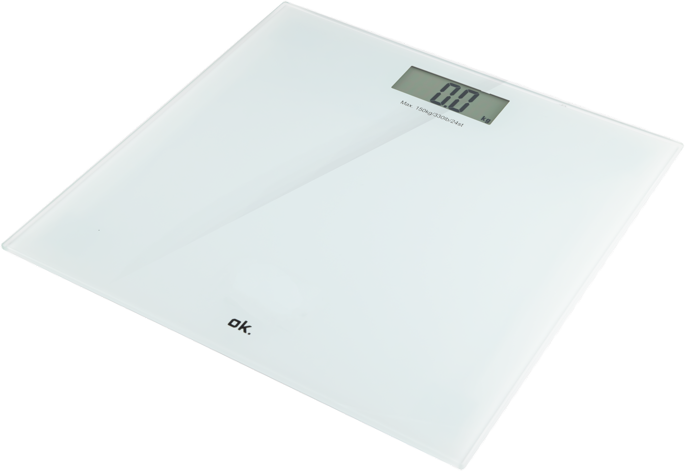 Une balance numérique blanche avec un écran noir affichant 0,0 kg.