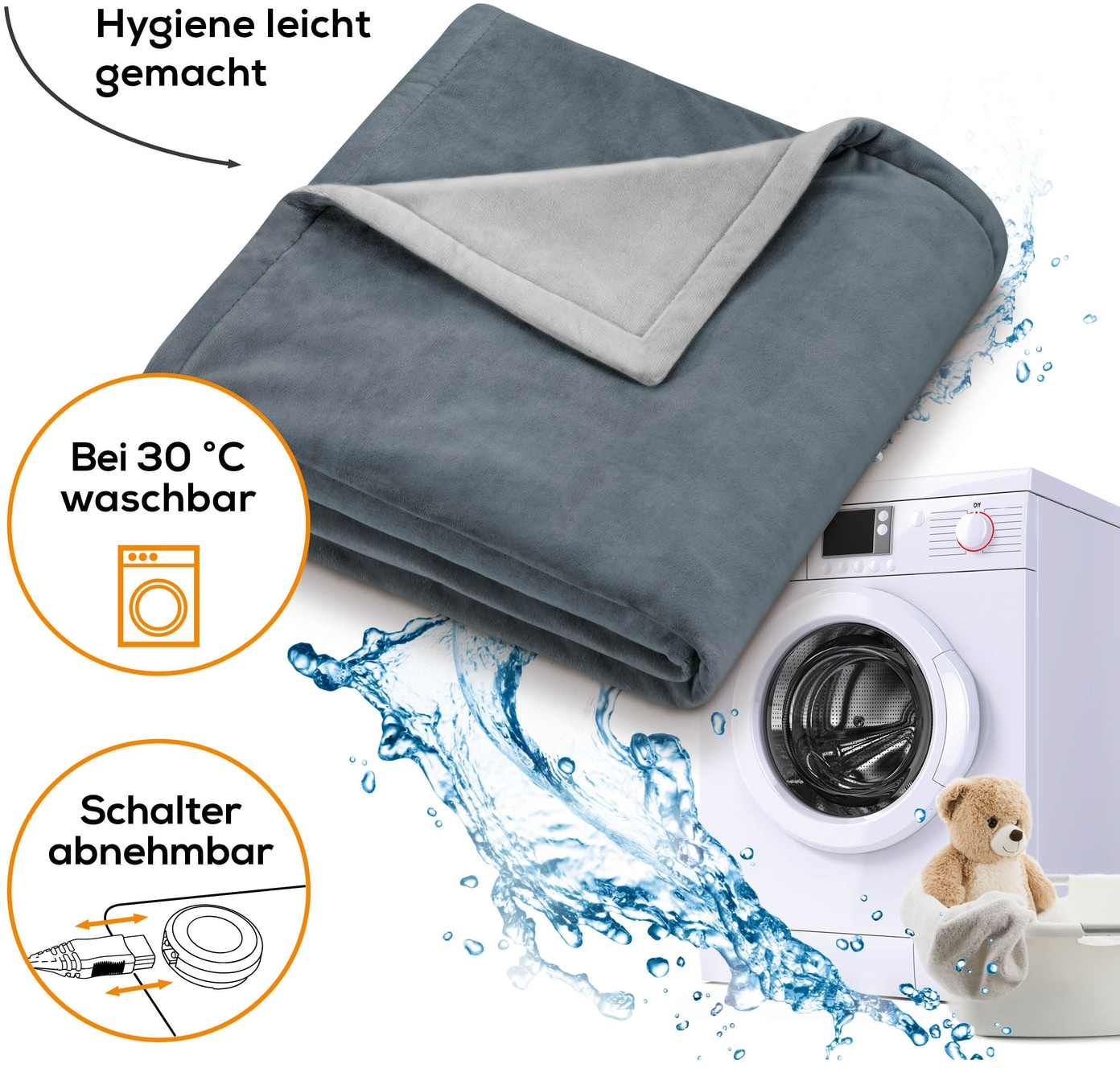 Una coperta grigia con bordo bianco è sopra una lavatrice. Schizzi d'acqua. Le icone indicano che è lavabile e ha un interruttore rimovibile.