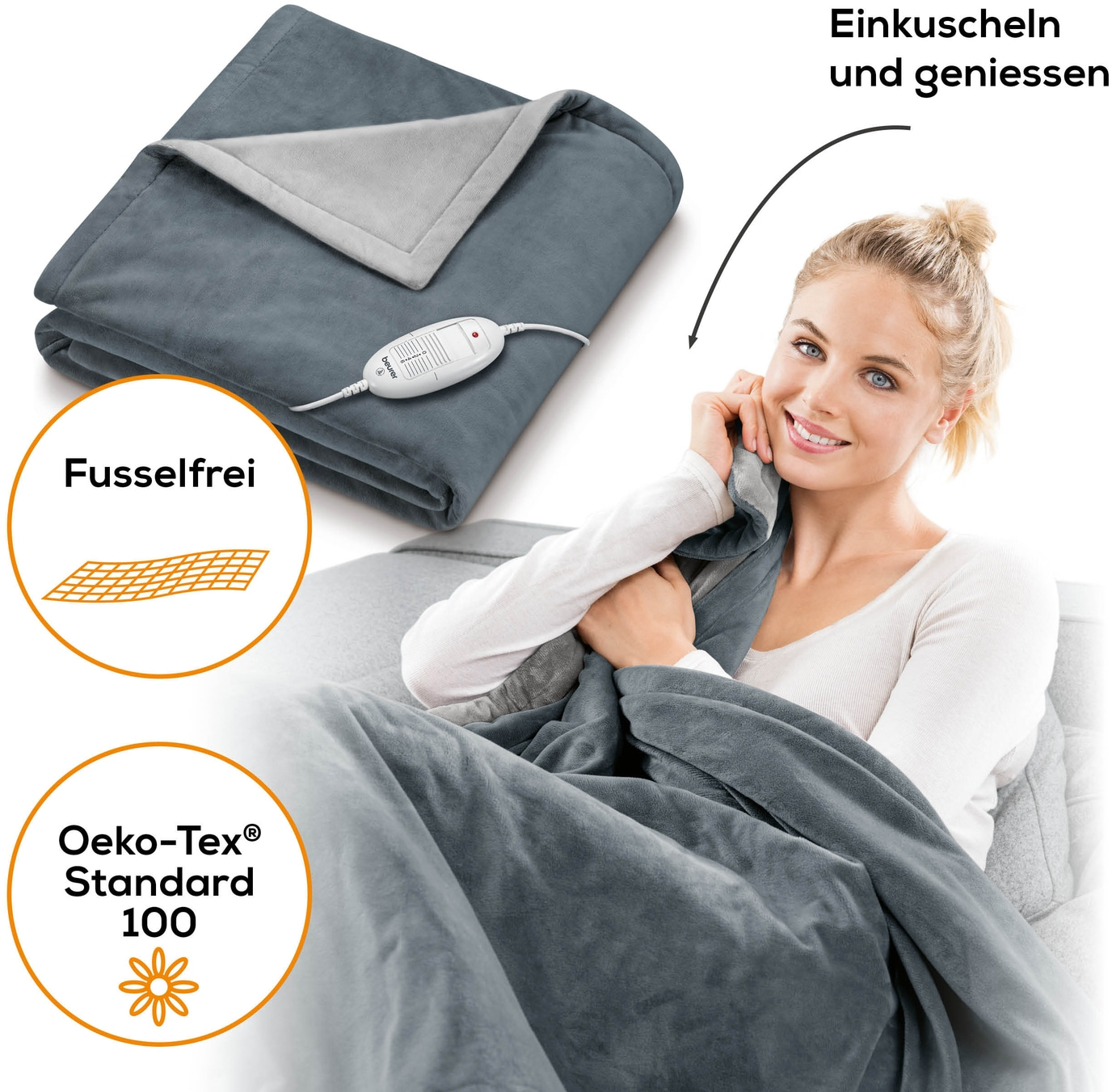 Una donna sorride, avvolta in una coperta grigia con un controllo. Viene mostrata una coperta separata. Testi: Oeko-Tex Standard 100, Fusselfrei.