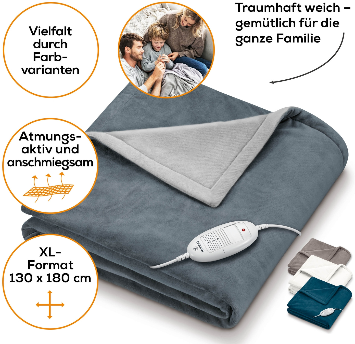 Una coperta blu con bordo bianco e pannello di controllo. Piccole immagini di altri colori della coperta in basso a destra.