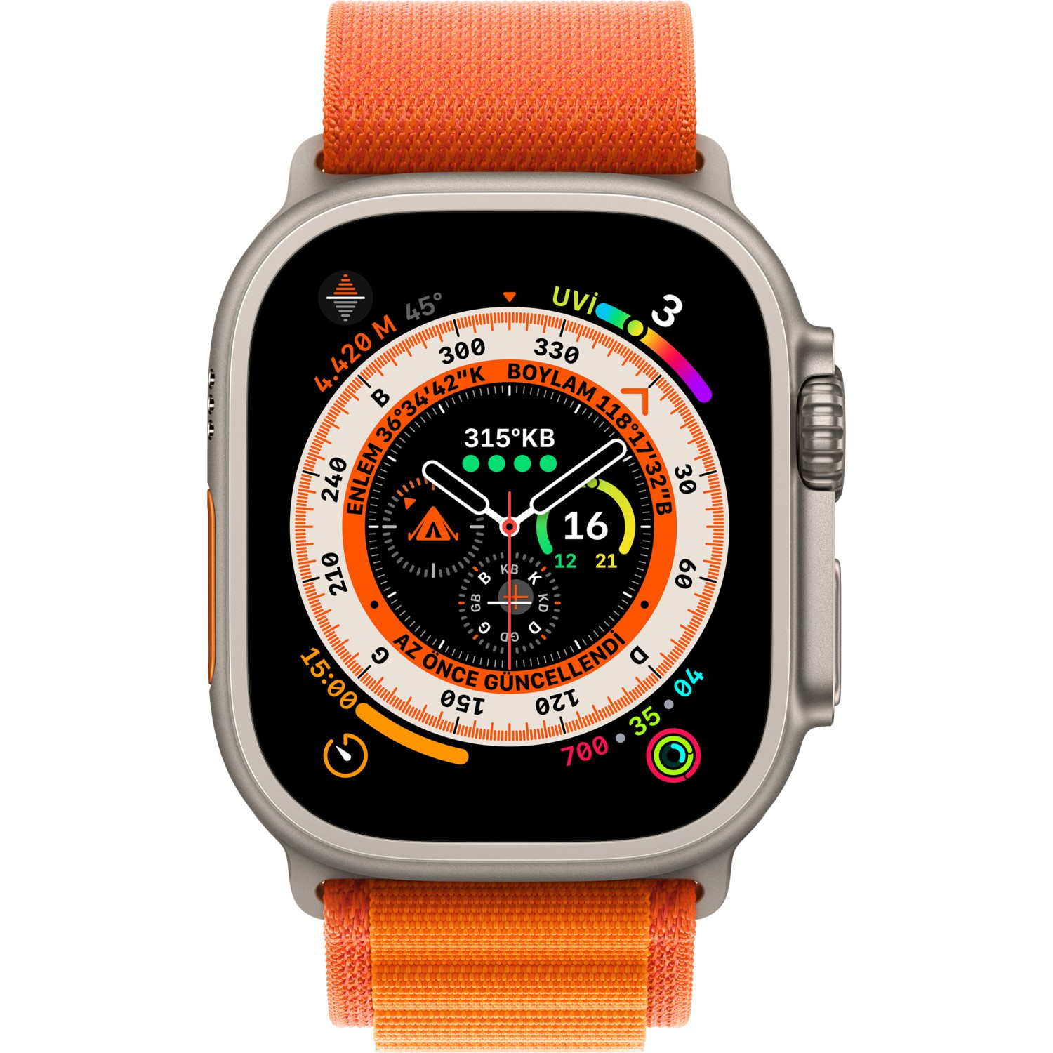 APPLE Watch Ultra GPS + Cellular 49 mm MQFM3TU/A Titanyum Kasa ve Turuncu Alpine Loop - L