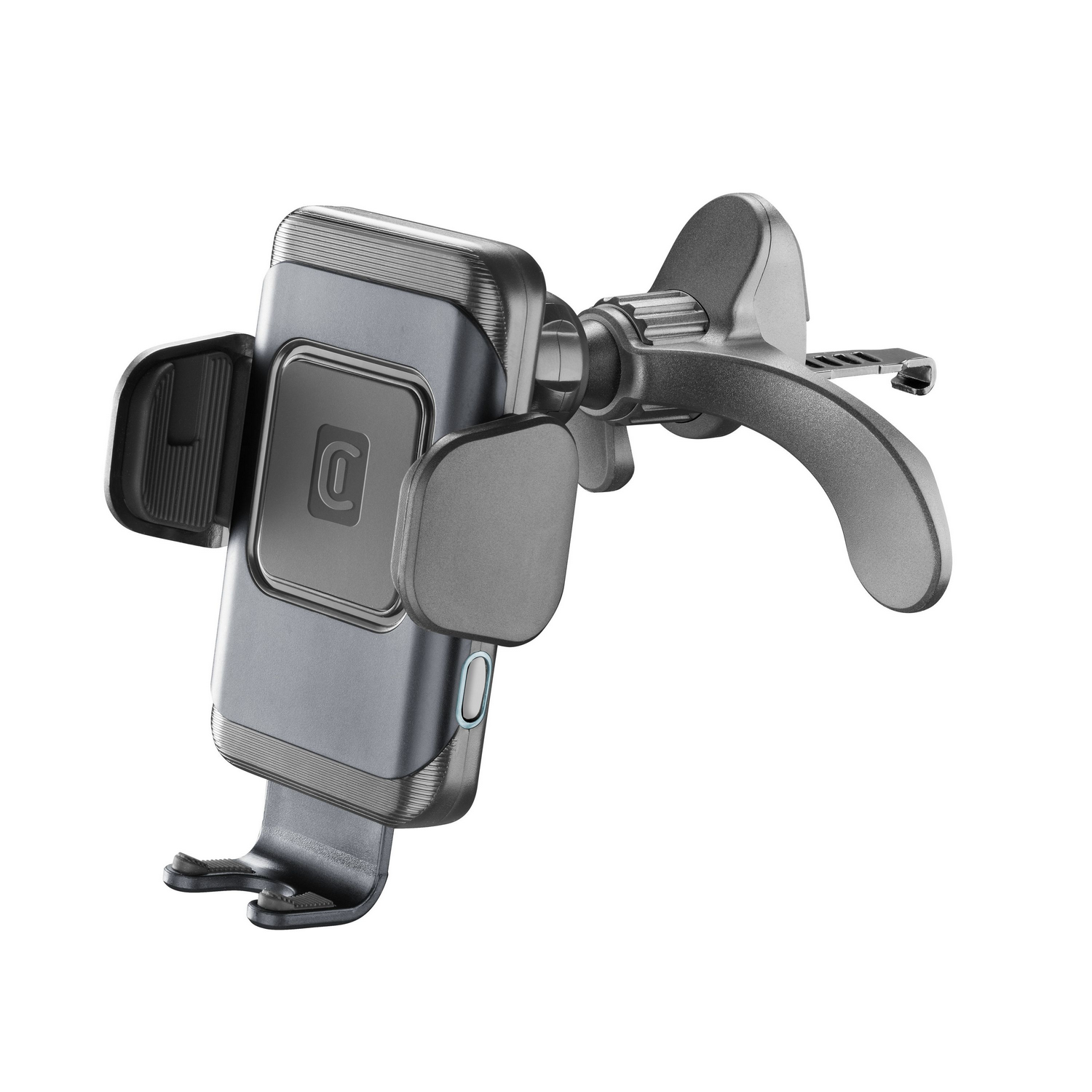 Gray phone car holder on a white background, with a logo on the center. It has a holder on the top.