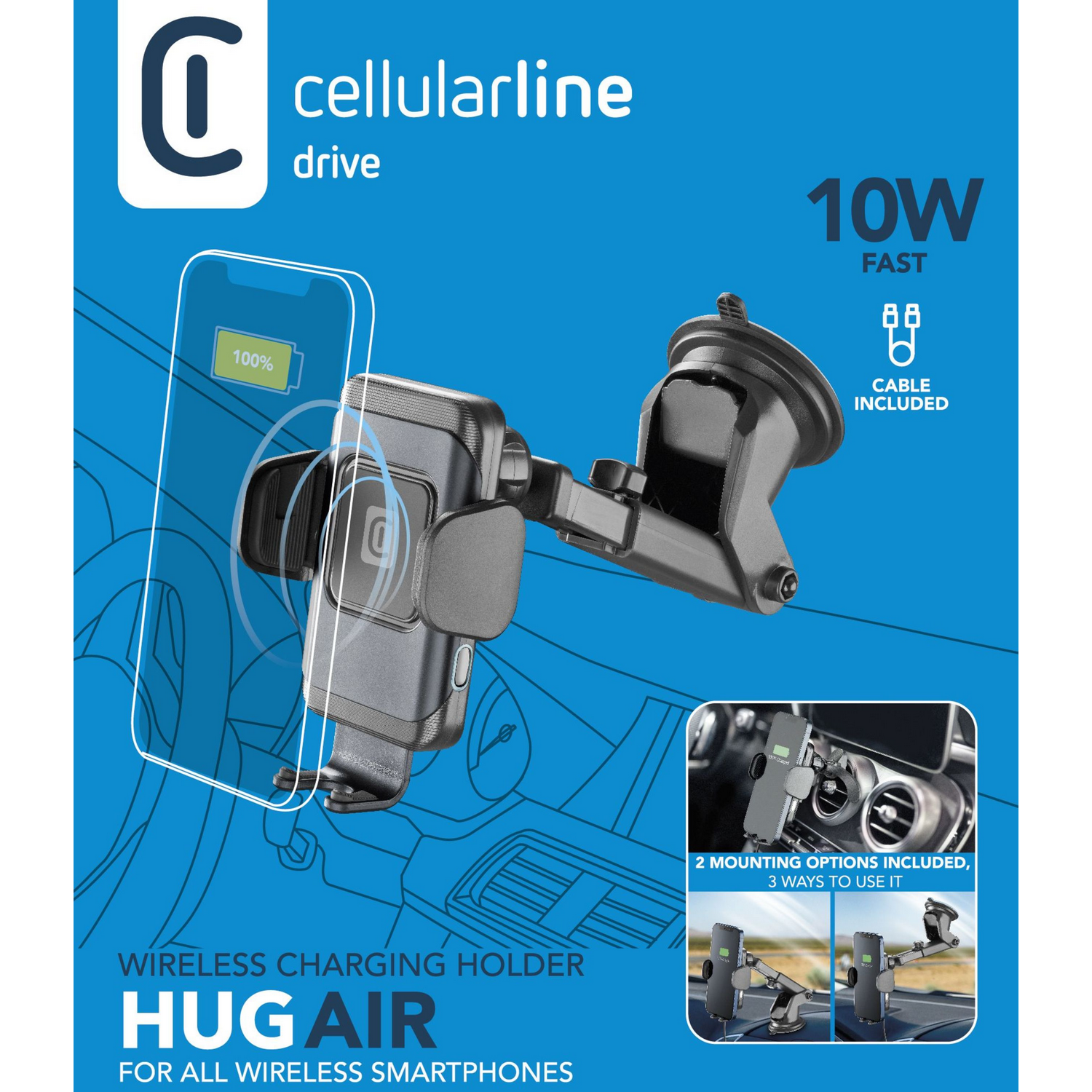Cellularline car phone holder. A phone is charging. The holder is mounted in two ways, and has 10W fast charging.