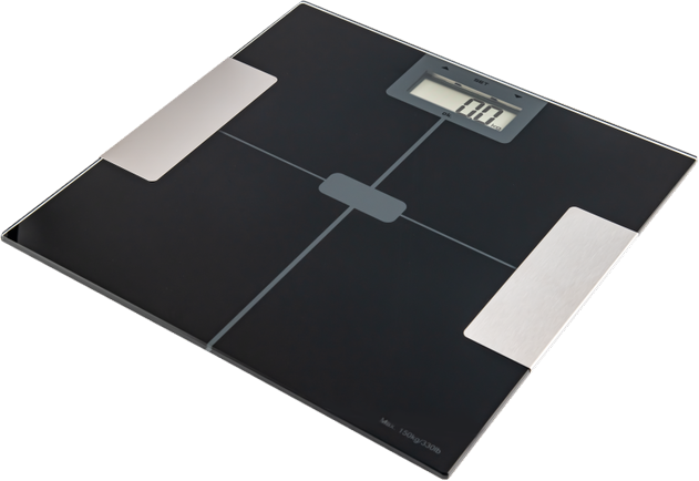 Balance de salle de bain numérique. Noire, avec plateformes argentées pour les pieds. Affichage 0,0 kg.